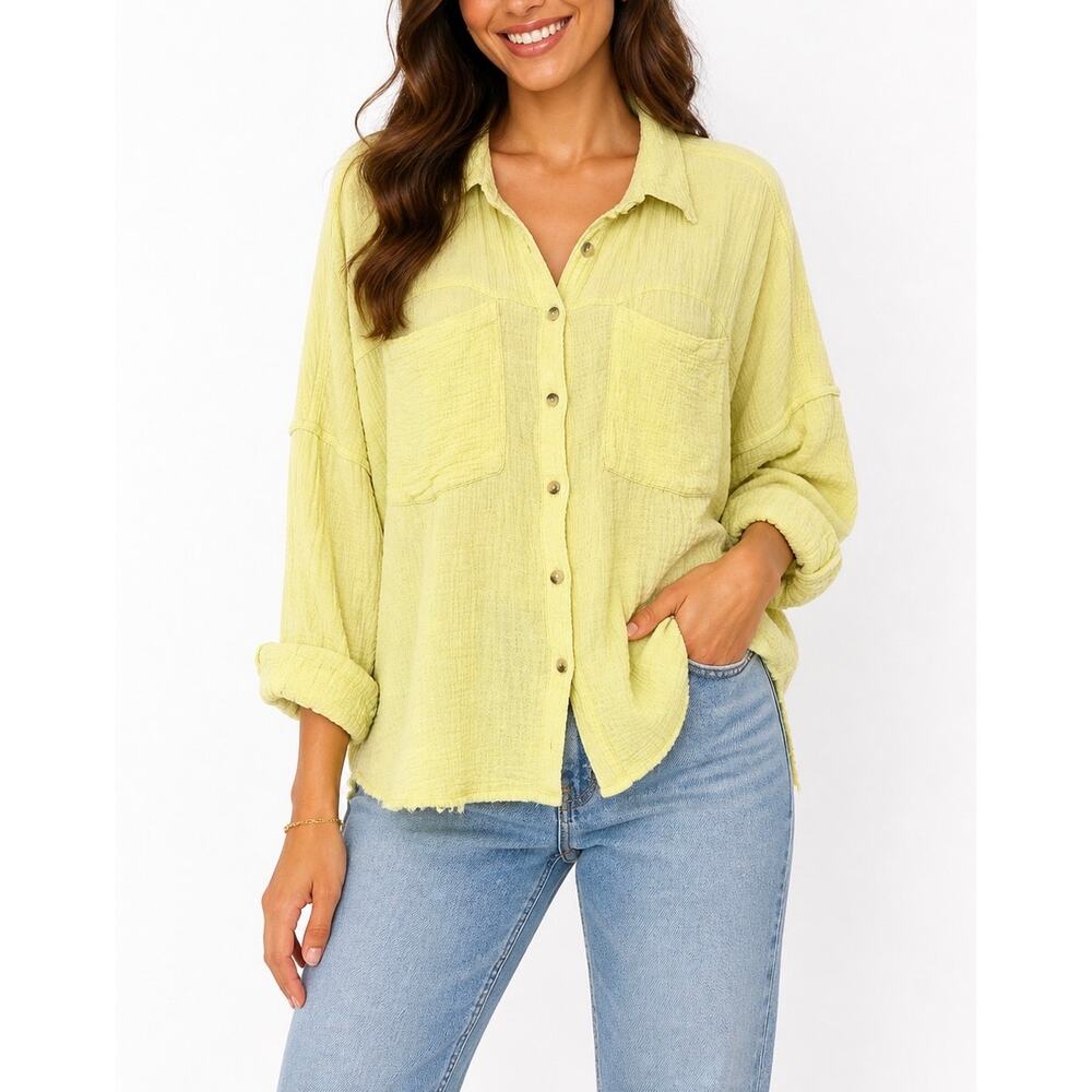 Free People Cardiff Button Down Top Lime Green Size L Cotton Oversized